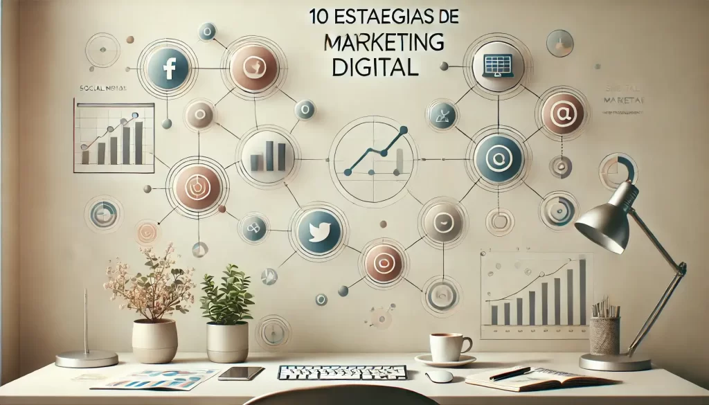 Descubre las '10 Estrategias de Marketing Digital Que Impulsarán Tu Negocio en 2024' en esta imagen representativa. Con un entorno digital que incluye herramientas clave como iconos de redes sociales, gráficos de análisis y tendencias de crecimiento, esta imagen captura el dinamismo del marketing moderno. Ideal para resaltar el alcance y la innovación en las estrategias digitales de 2024, enfocadas en hacer crecer tu negocio